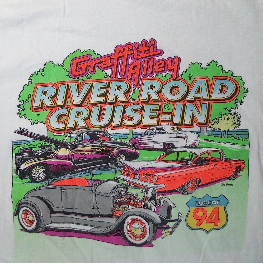 Vintage Graffiti Alley River Road Cruisin' Classic Cars Neon T-Shirt